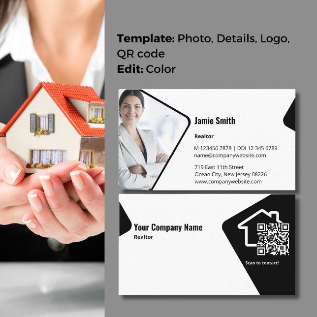 Modern Black & White Realtor QR Code Business Card (Modern Black & White Realtor QR Code Business Card with Profile Photo)