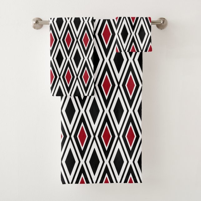 Modern Black White Red Diamond Pattern Bath Towel Set (Insitu)