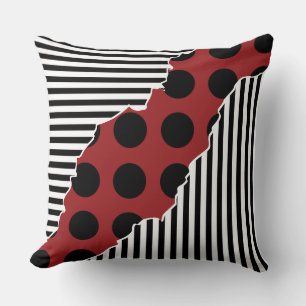 Modern Black, White & Red Layered Stripes Dots Cushion
