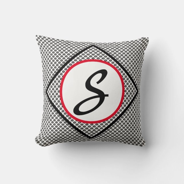 Modern Black White Red Monogram Throw Pillow (Front)