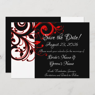Modern Black White Red Swirl Wedding Save the Date