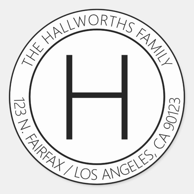Modern Black & White Return Address Classic Round Sticker (Front)