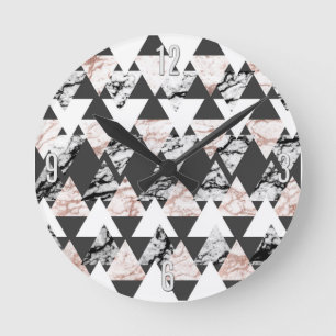 Modern Black White Rose Gold Marble Geo Triangles Round Clock