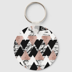 Modern Black White Rose Gold Triangles on Marble Key Ring