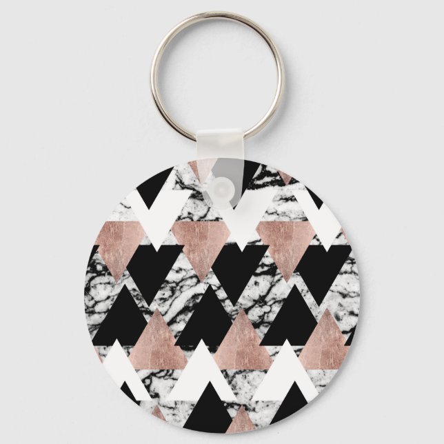 Modern Black White Rose Gold Triangles on Marble Key Ring (Front)