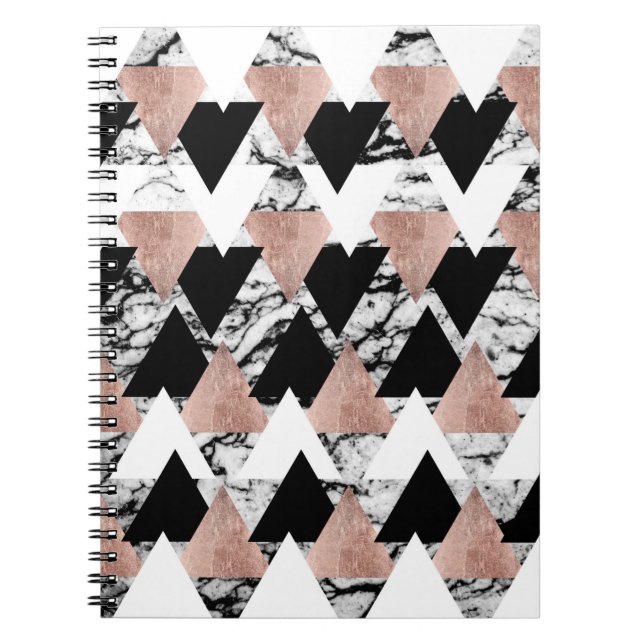 Modern Black White Rose Gold Triangles on Marble Notebook (Front)