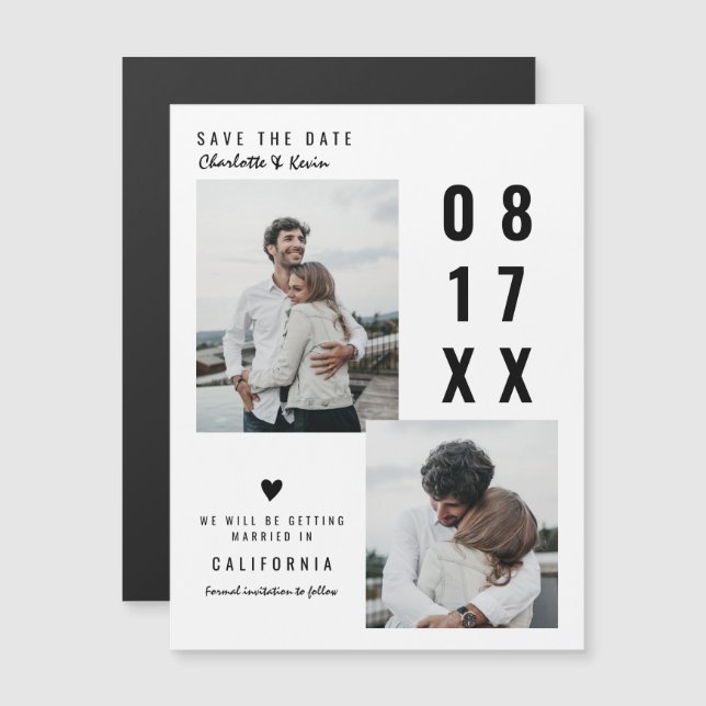 Modern black white save the date wedding 2 photos (Front/Back)