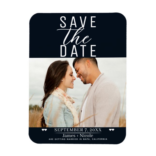 Modern Black White Save the Date Wedding Photo Magnet (Vertical)