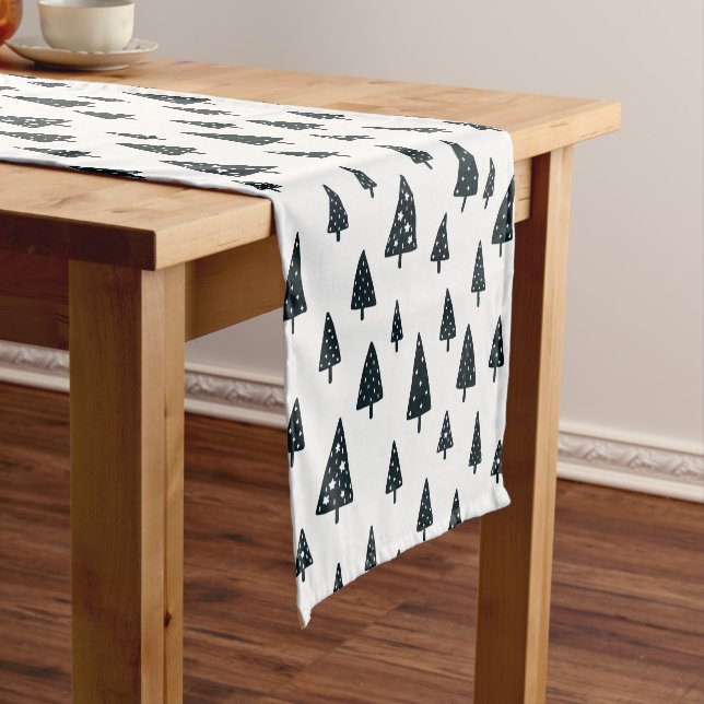 Modern Black & White Scandinavian Christmas Trees Short Table Runner (In Situ)
