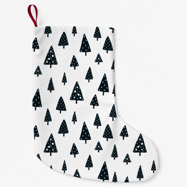 Modern Black & White Scandinavian Christmas Trees Small Christmas Stocking (Front)