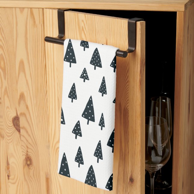 Modern Black & White Scandinavian Christmas Trees Tea Towel (Thirds Fold)