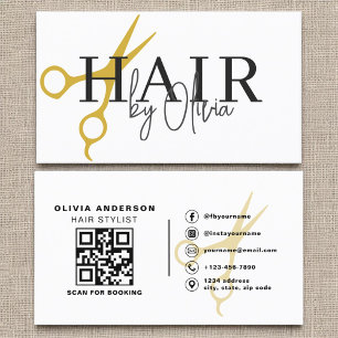 Modern Black White Scissors QR Code Hair Stylist  Business Card