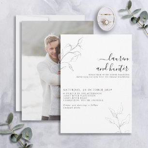 Modern Black White Script Botanical Photo Wedding  Invitation