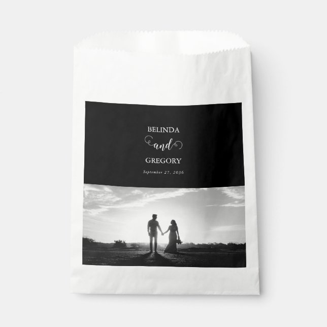 Modern Black & White Script Couple Photo Wedding Favour Bags (Front)