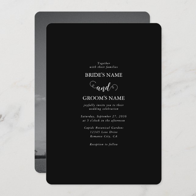 Modern Black & White Script Couple Photo Wedding Invitation (Front/Back)