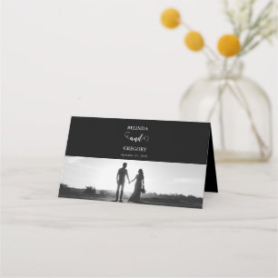 Modern Black & White Script Couple Photo Wedding Place Card