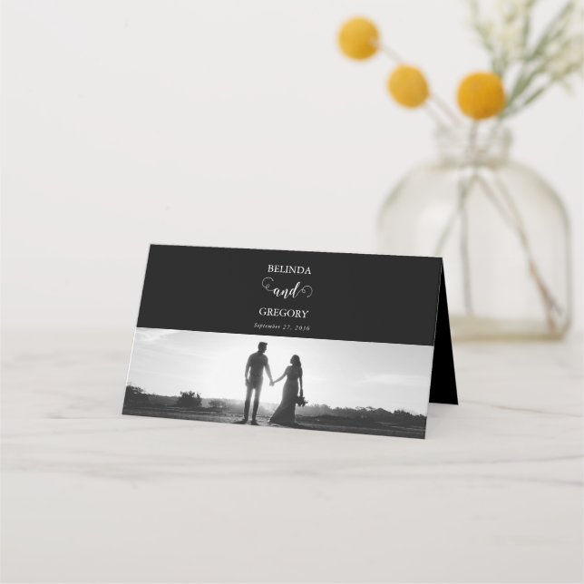 Modern Black & White Script Couple Photo Wedding Place Card (Back)