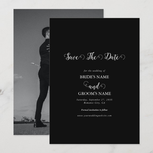 Modern Black & White Script Couple Photo Wedding Save The Date (Front/Back)