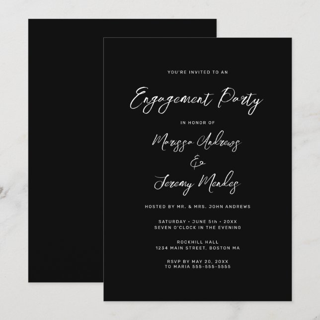   Modern Black White Script Engagement Party Invitation (Front/Back)