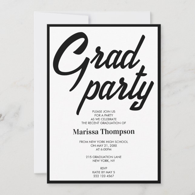 Modern Black White Script Graduation Party  Invitation (Front)