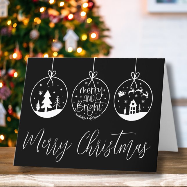 Modern Black White Script Merry Christmas Holiday Card (Modern Black Merry Bright Script Merry Christmas Holiday Card)
