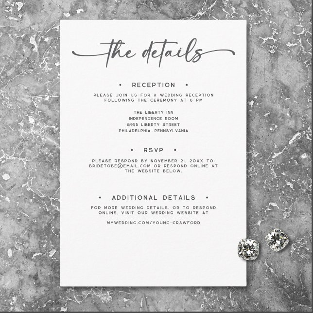 Modern Black White Script Minimal Wedding Details Enclosure Card (Modern Black White Script Photo Wedding Details Enclosure Card)