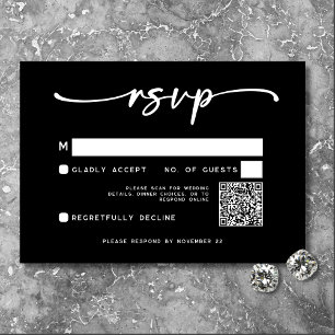 Modern Black White Script Minimal Wedding QR Code RSVP Card