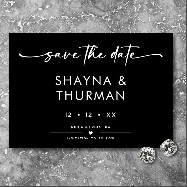 Modern Black White Script Minimal Wedding Save The Date (Creator Uploaded)