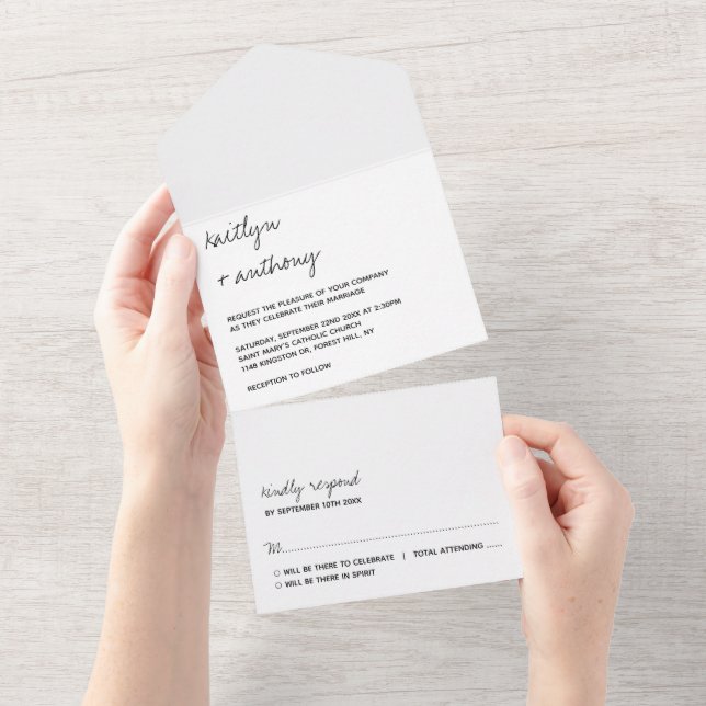 Modern Black & White Script Minimalistic Wedding All In One Invitation (Tearaway)