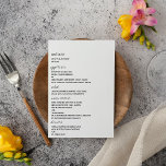 Modern Black & White Script Minimalistic Wedding Menu<br><div class="desc">Celebrate in style with these stylish and very trendy wedding menu cards. This design is easy to personalize with your special event wording and your guests will be thrilled when they see these fabulous menus. Use these menus as they are for a simple minimalistic wedding theme, or choose one of...</div>