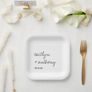 Modern Black & White Script Minimalistic Wedding Paper Plate