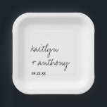 Modern Black & White Script Minimalistic Wedding Paper Plate<br><div class="desc">Celebrate in style with these modern and very trendy wedding paper plates. This design is easy to personalise with your own wording and your guests will be thrilled when they see these fabulous party paper plates. Matching items can be found in the collection.</div>