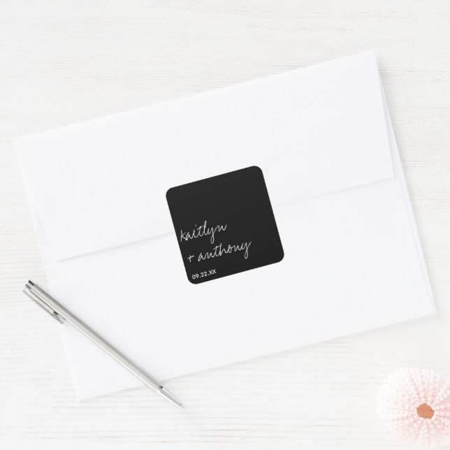 Modern Black & White Script Minimalistic Wedding Square Sticker (Envelope)