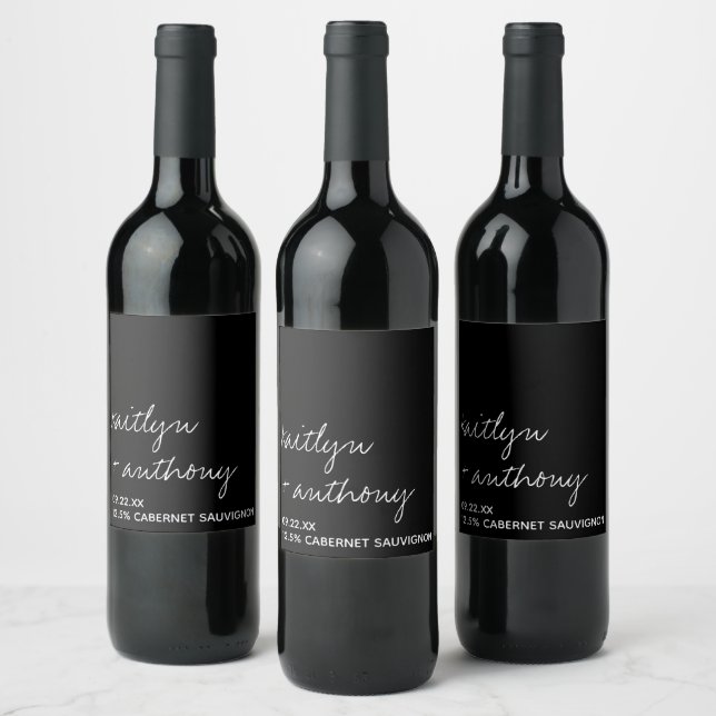 Modern Black & White Script Minimalistic Wedding Wine Label (Bottles)