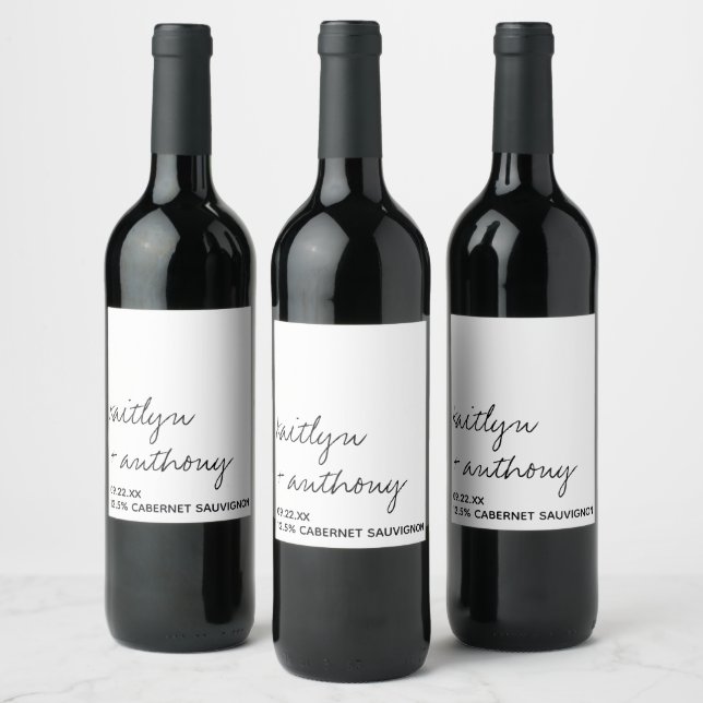 Modern Black & White Script Minimalistic Wedding Wine Label (Bottles)