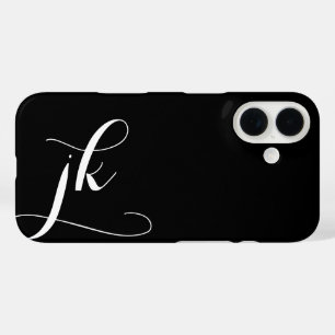 Modern Black White Script Monogram Name iPhone 16 Case