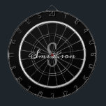 Modern Black White Script Monogram Personalised Dartboard<br><div class="desc">Entertain your family and friends with a fun game of darts at your next gathering. This design is modern black grey family monogram name and one board is black and the second board is dark grey. The big monogram initial is in bold grey lettering on the centre and name is...</div>