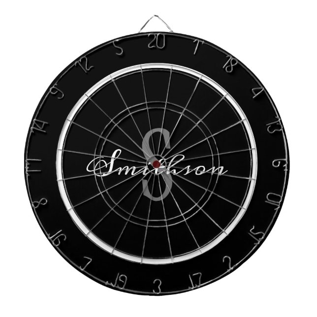 Modern Black White Script Monogram Personalised Dartboard (Front)