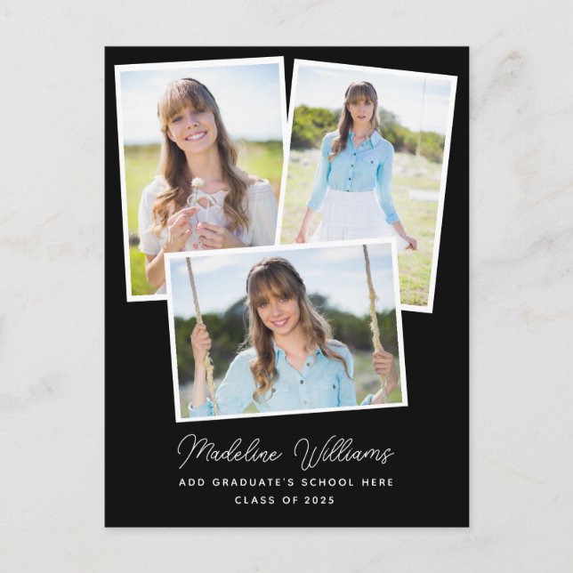 Modern Black & White Script Multi Photo Graduation Postcard (Front)