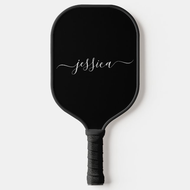 Modern black white script name pickleball paddle (Front)