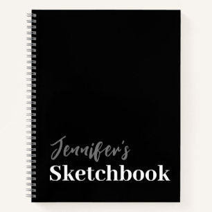 Modern Black White Script Personalised Sketchbook Notebook