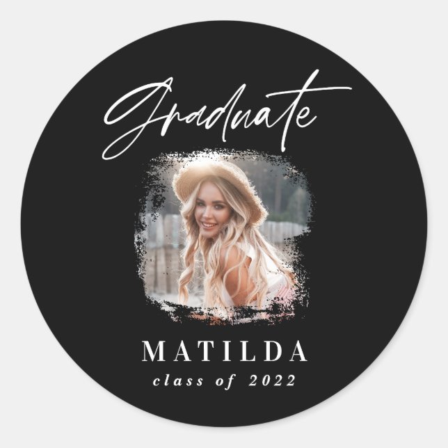 Modern black white script photo elegant graduation classic round sticker (Front)