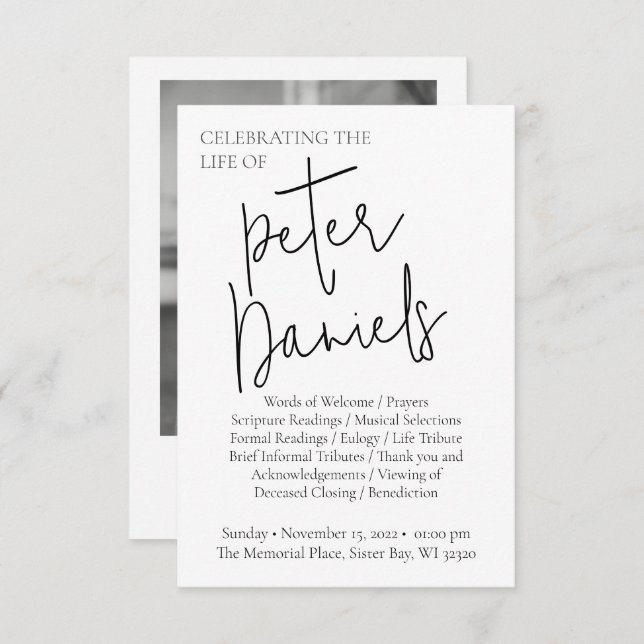 Modern Black & White Script Photo Funeral Program Invitation (Front/Back)