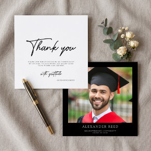 Modern Black White Script Photo Graduation Thank You Card