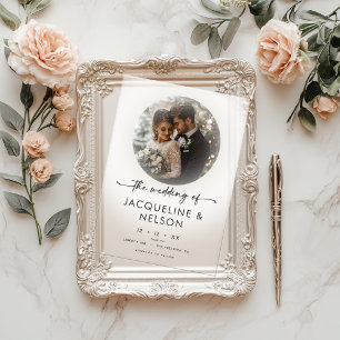 Modern Black White Script Photo Minimal Wedding Acrylic Invitations