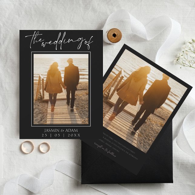 Modern Black White Script Photo Wedding Invitation (Creator Uploaded)