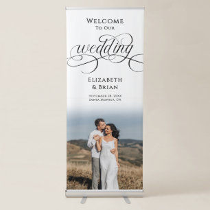 Modern Black White Script Photo Wedding Welcome Retractable Banner