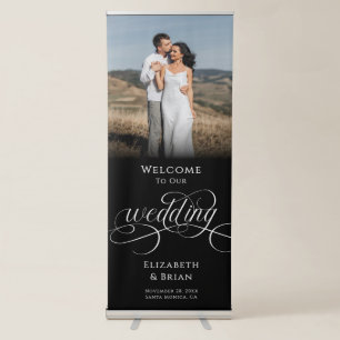 Modern Black White Script Photo Wedding Welcome Retractable Banner