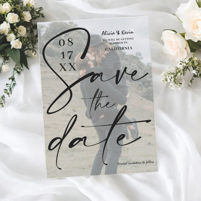 Modern black white script save the date photo invitation (Modern black white script save the date photo invitation)