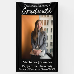 Modern Black White Script Vertical Photo Graduate Banner